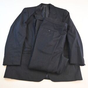 Vtg USA Made 48R 40x30 Navy Blue Striped Flannel Wool Mens Jacket Pants Suit